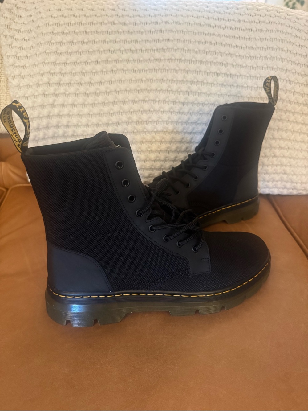 Dr. Martens Black Lace-Up Combs Boots with Yellow Stitching